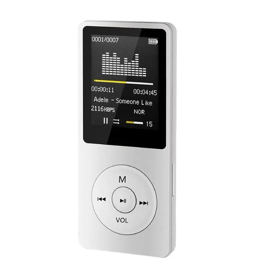 Black portable MP3 player with 1.8-inch TFT display, buttons, and TF card slot on a white background