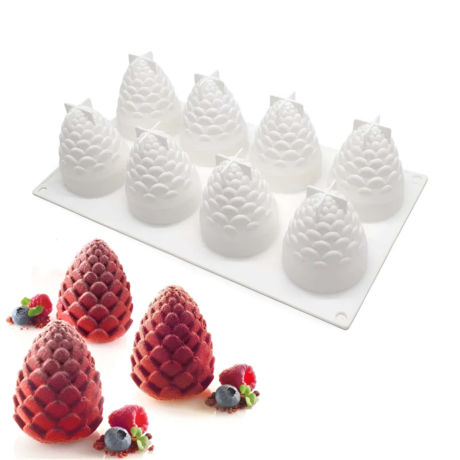 Silicone fruit mould for Italian mousse desserts with pineapple and pine cone designs