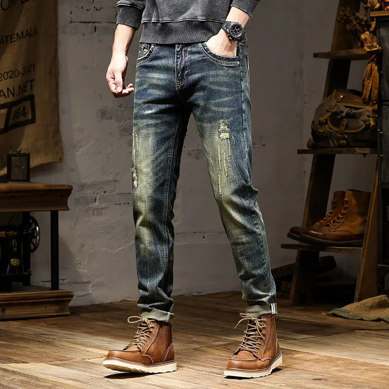 Men's retro colour skinny fit jeans with stretch denim and zip fly closure