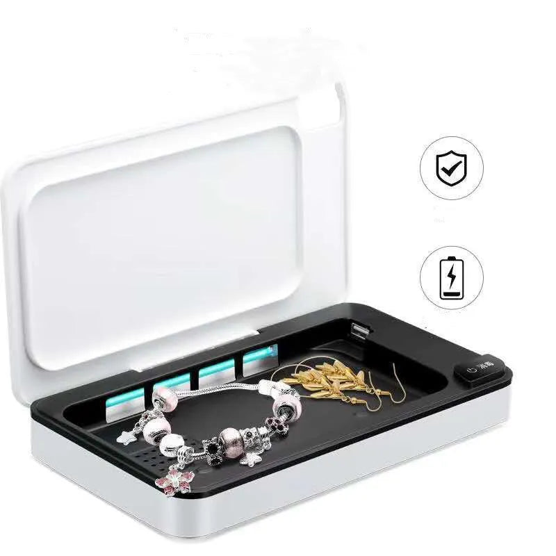 White multifunctional wireless charger with UV sterilisation and remote control on table