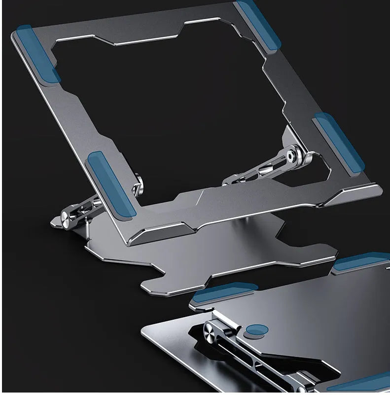Aluminum laptop stand in folded position showing adjustable mechanism and silicone protection pads