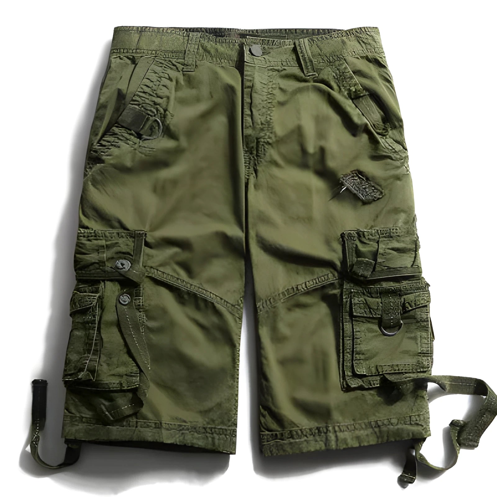 Multi-bag tooling shorts in 100% cotton with multiple pockets, straight leg, and zipper fly in army green