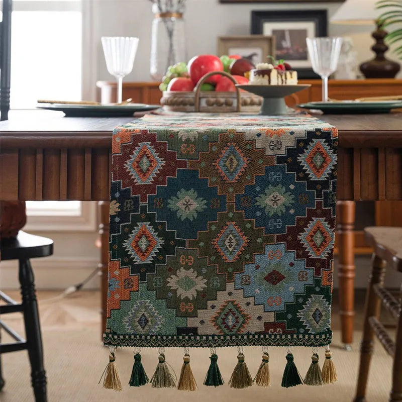 Nordic Jacquard striped bouquet pattern table runner with decorative tassels in dark blue