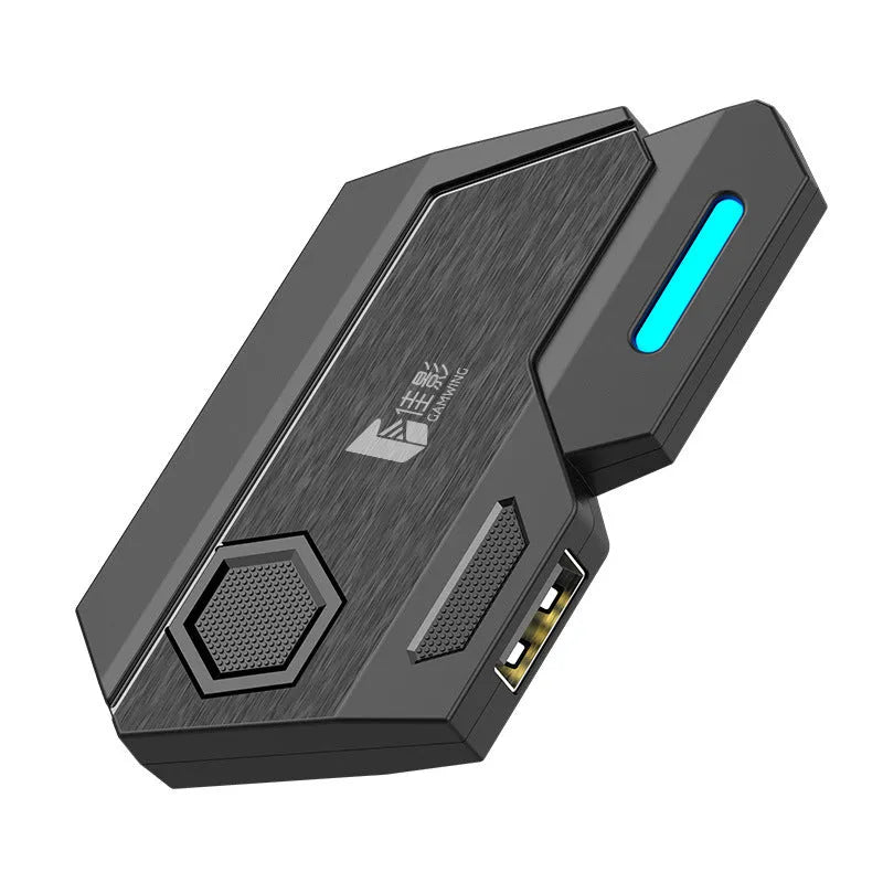 Black gaming converter with USB port for connecting keyboard and mouse to mobile games