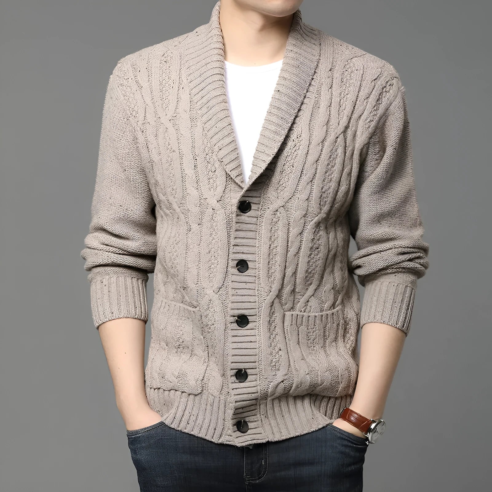 Men's dark grey jacquard knit cardigan jacket on a hanger.