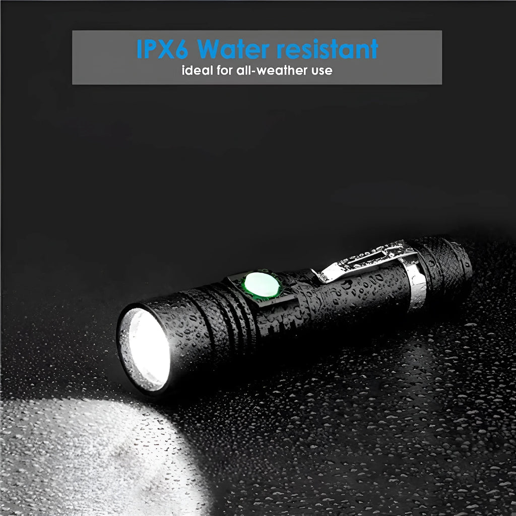 Telescopic zoom USB rechargeable T6 strong LED flashlight in black aluminium alloy body for outdoor use