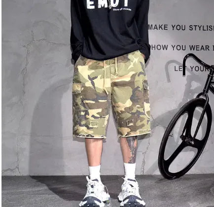American retro workwear camouflage shorts with polyurethane trim in loose-fit cropped design