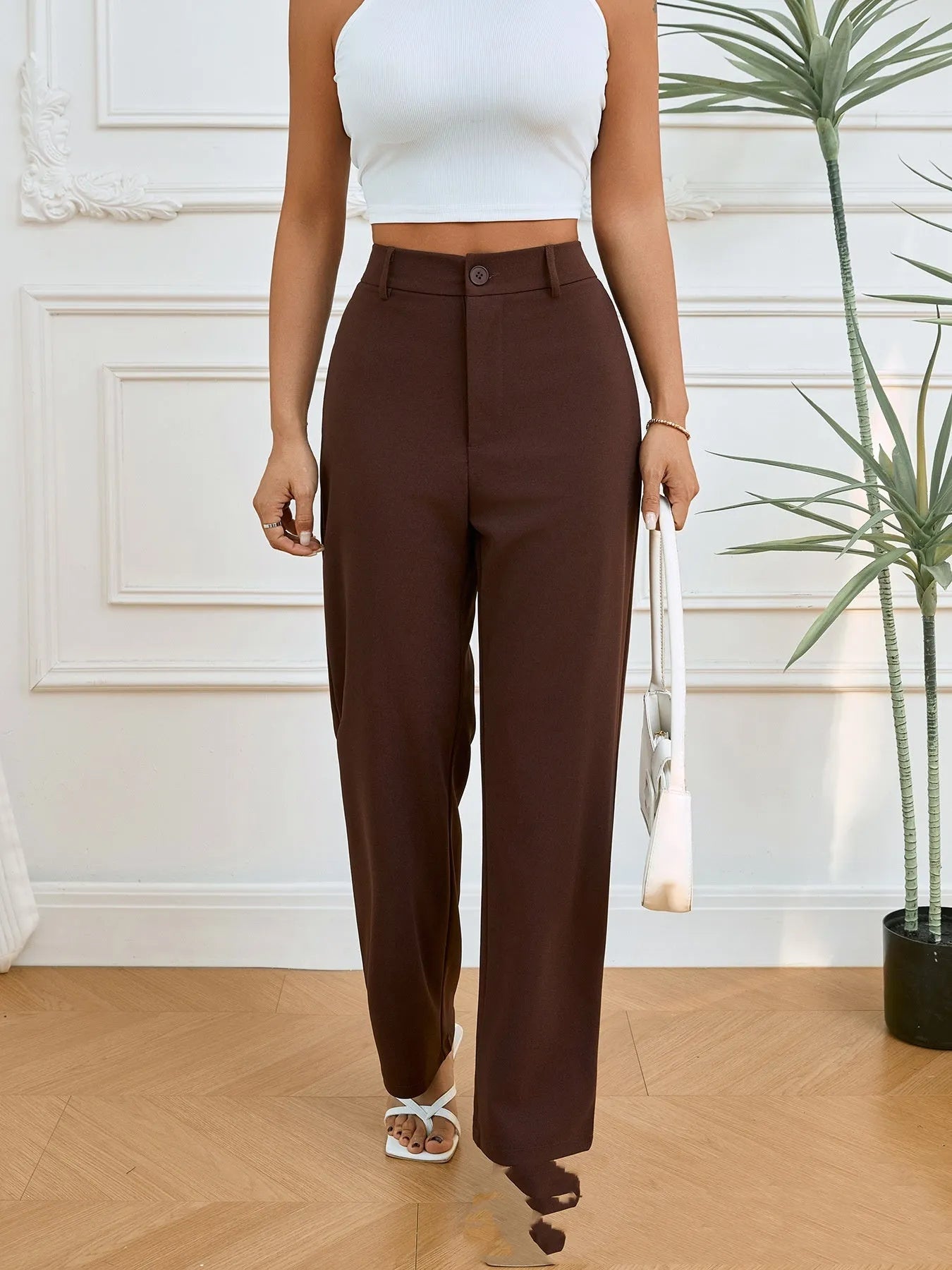 Dark brown women's straight-leg trousers with elastic waist pleated pocket mid-waist design