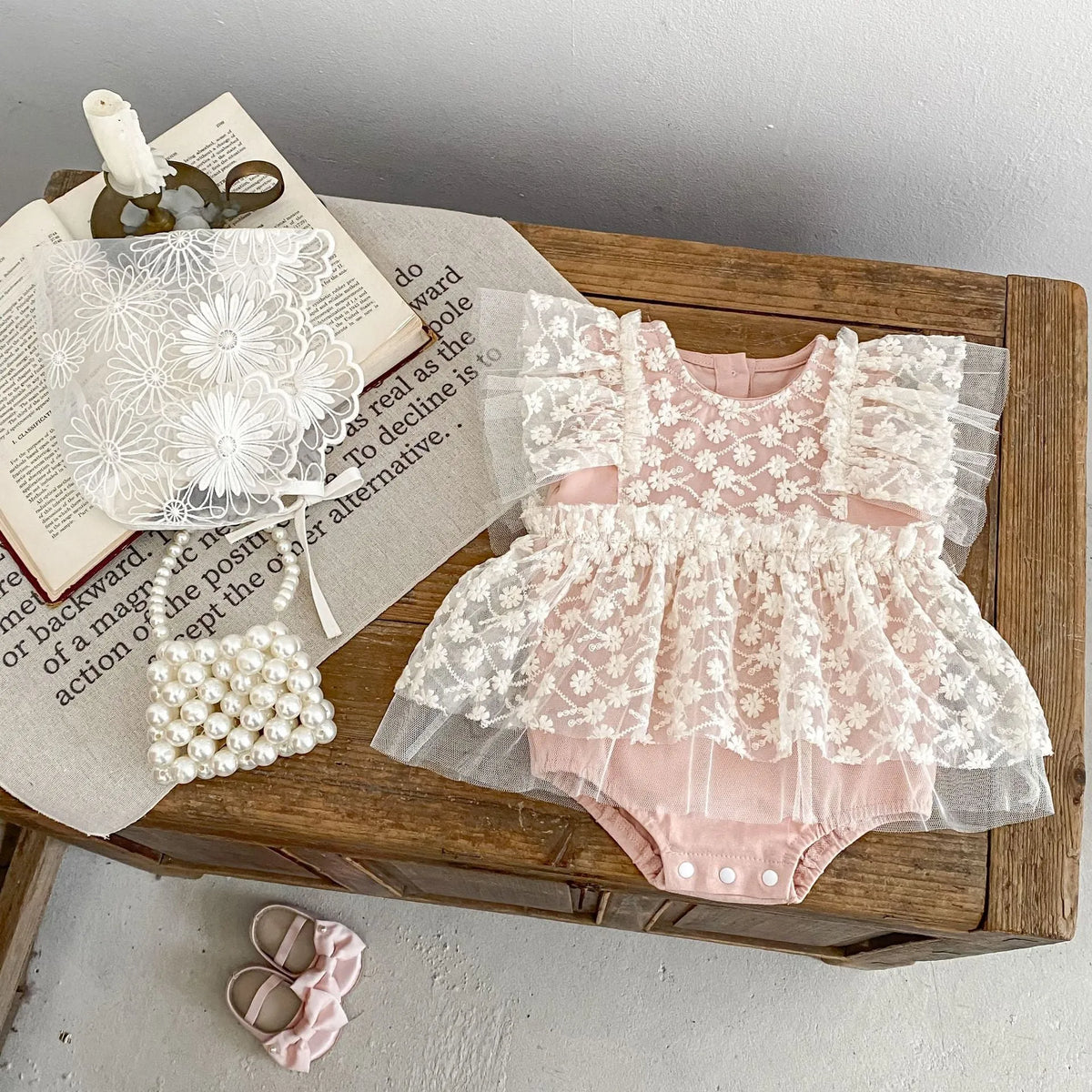 Baby girl mesh jumpsuit full moon romper in matte pink, short sleeves, cotton blend triangle style