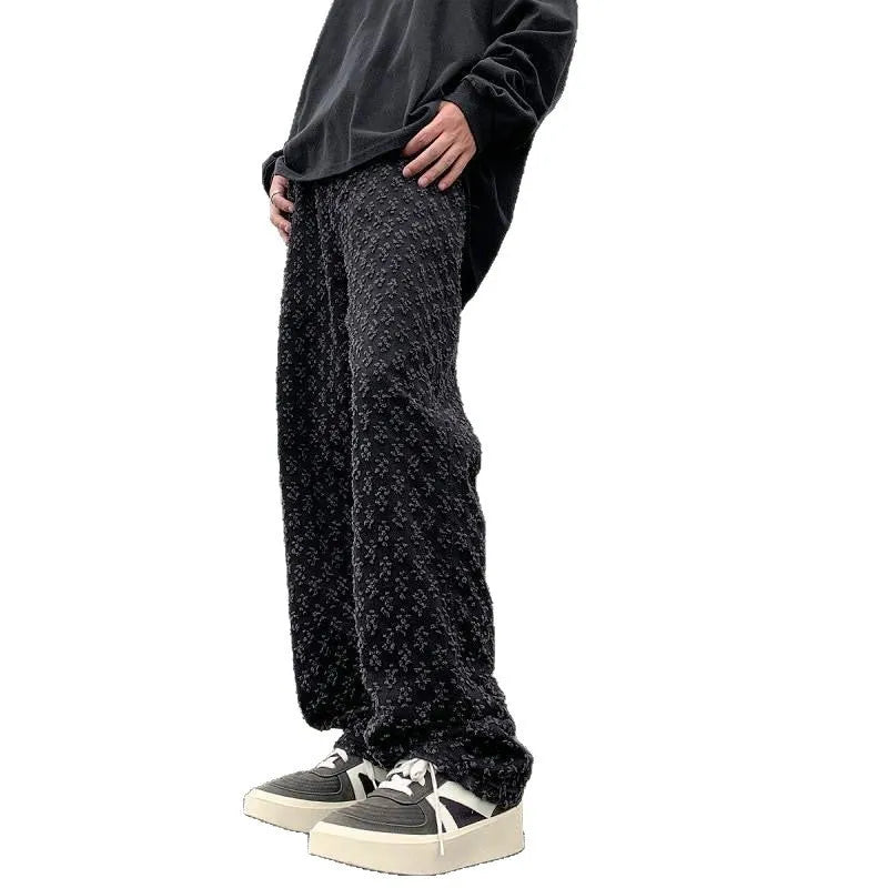 Black jacquard full-print denim jeans for men, casual streetwear long pants with button fly