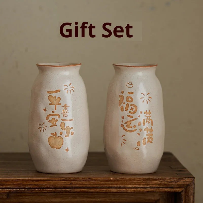 Chinese hand-painted ceramic joy vase with traditional carving on 8cm base