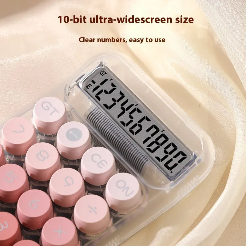 Round keypad gradient colour calculator in blue, green, pink, or purple on a desk.