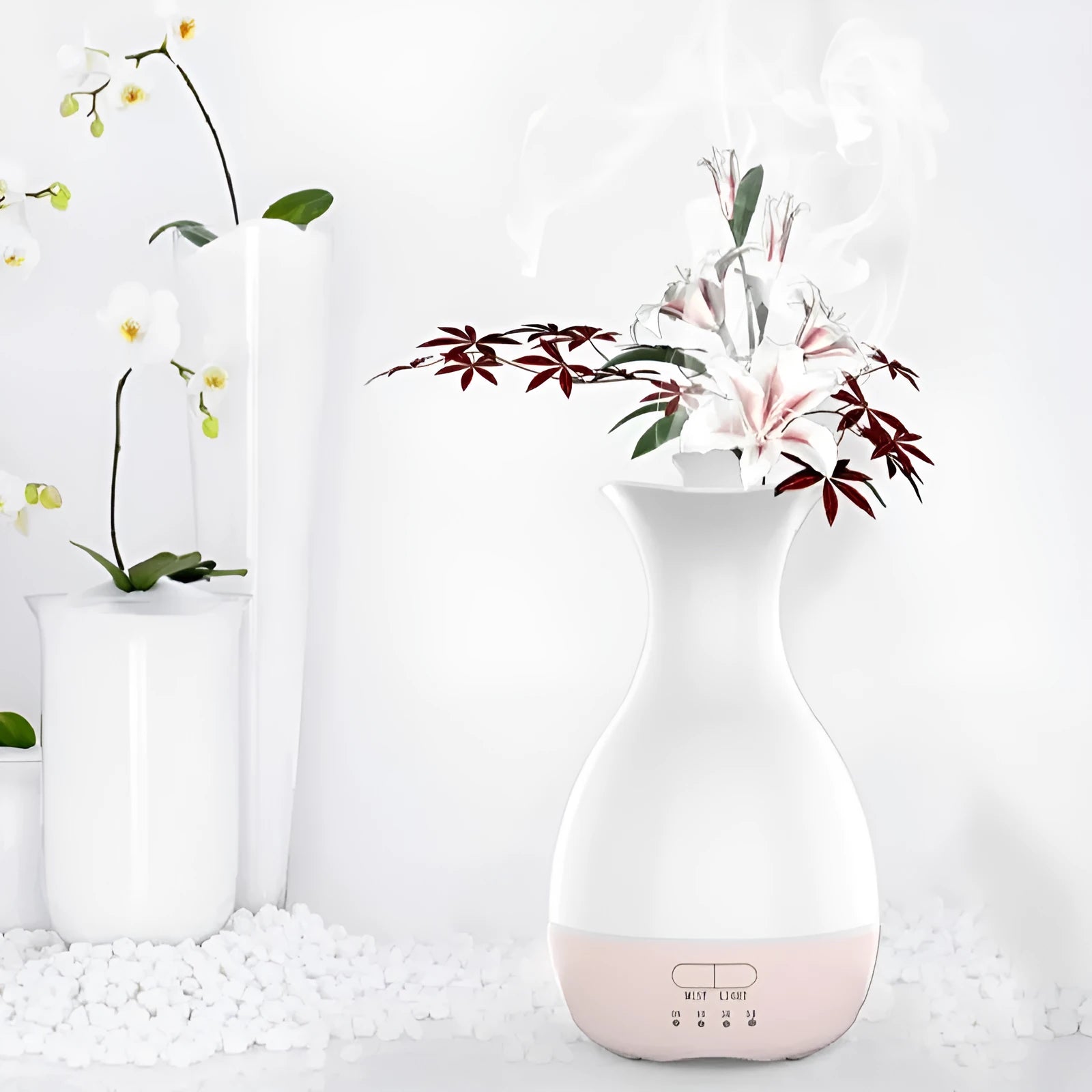 White or pink ultrasonic aromatherapy vase diffuser with 200ml tank and colour-changing LED night light