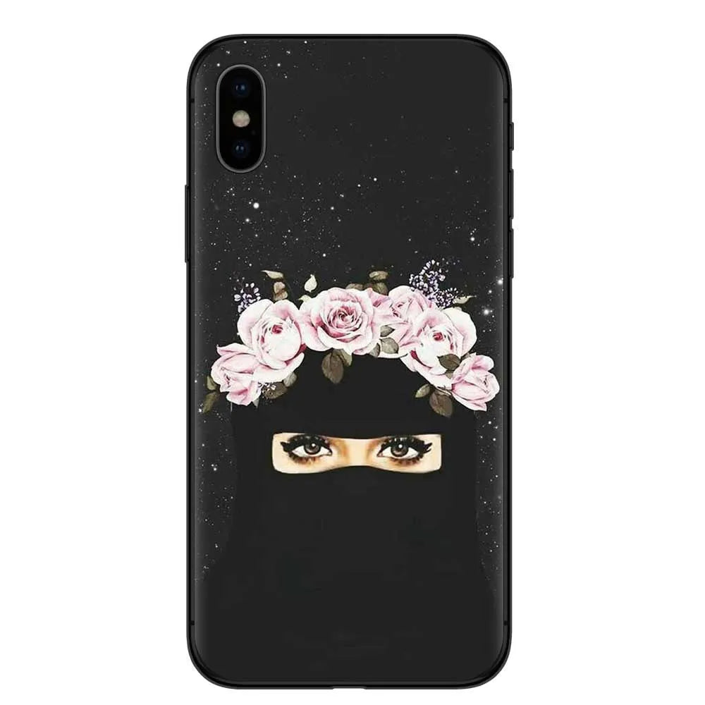 Islamic hijab veil design iPhone case with rhinestone and floral patterns on a flexible TPU back cover.