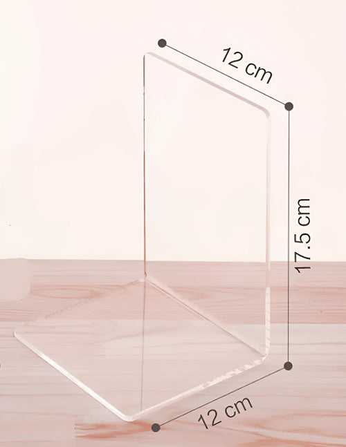 Transparent acrylic bookshelf holding two books on a desk surface