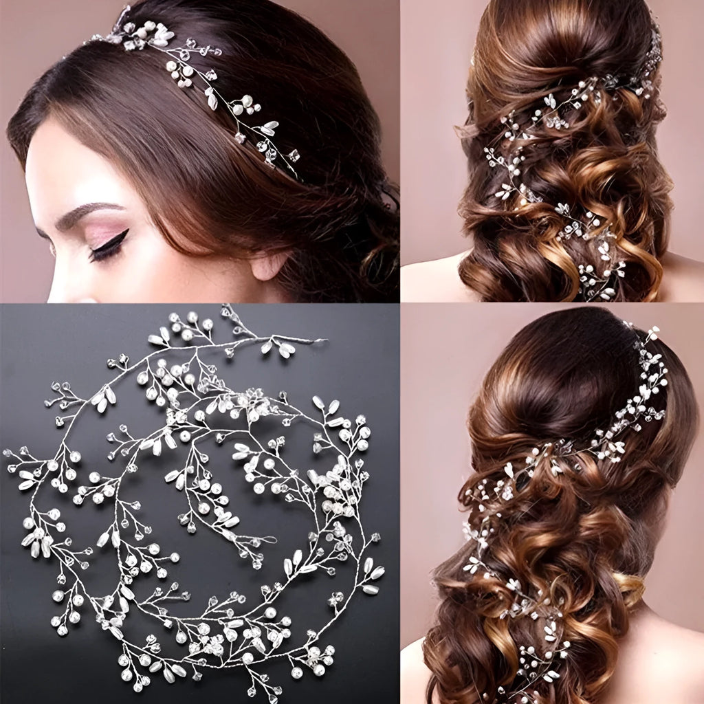 Bride's long hair band with crystal pearls in silver, gold, and rose gold colour options
