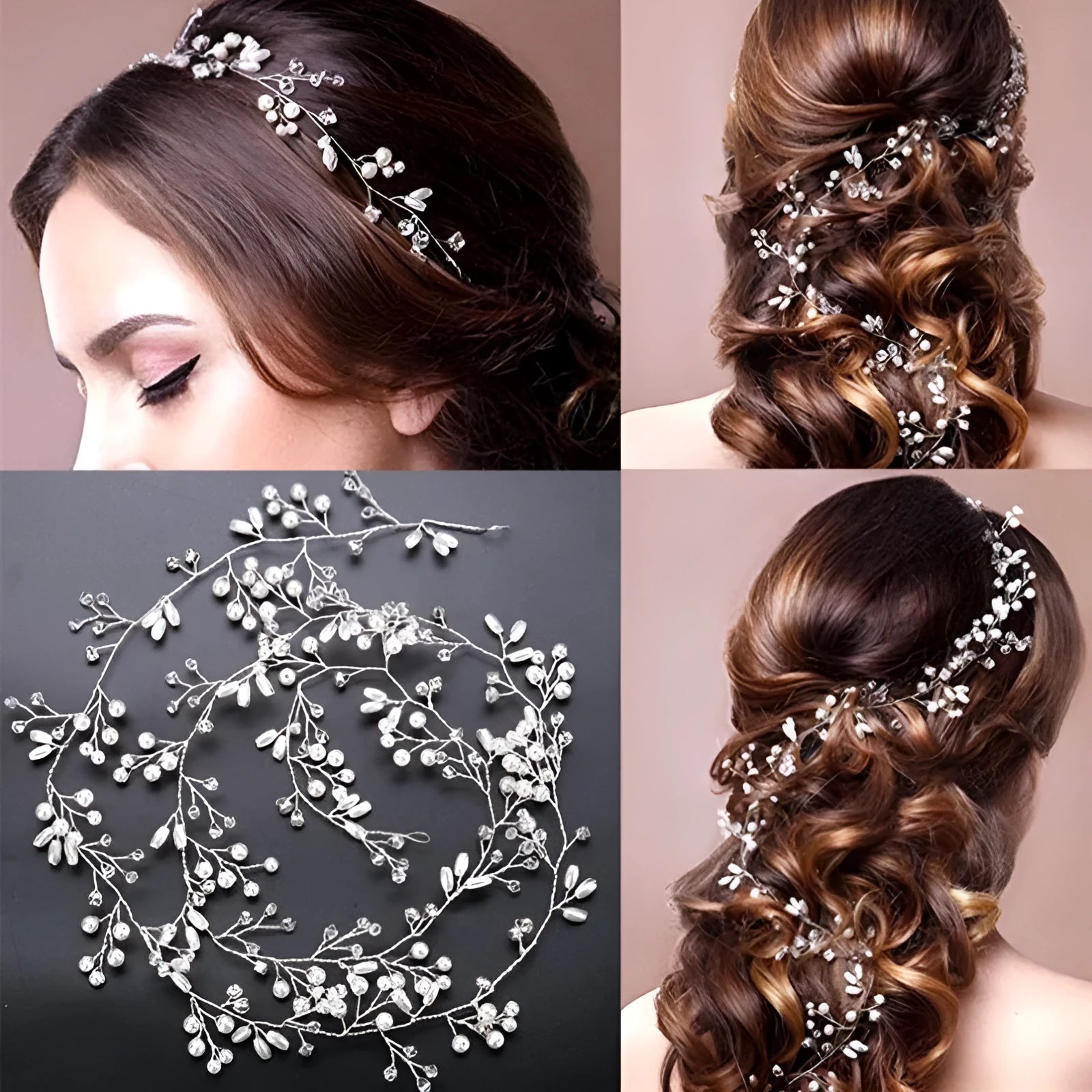 Bride's long hair band with crystal pearls in silver, gold, and rose gold colour options