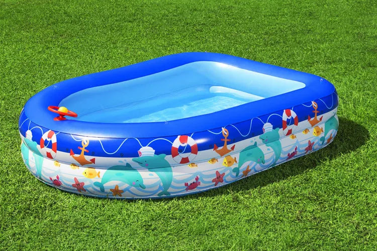 Boat type inflatable PVC sunshade paddling pool for children, 2.13m long, blue with yellow canopy, set up in garden