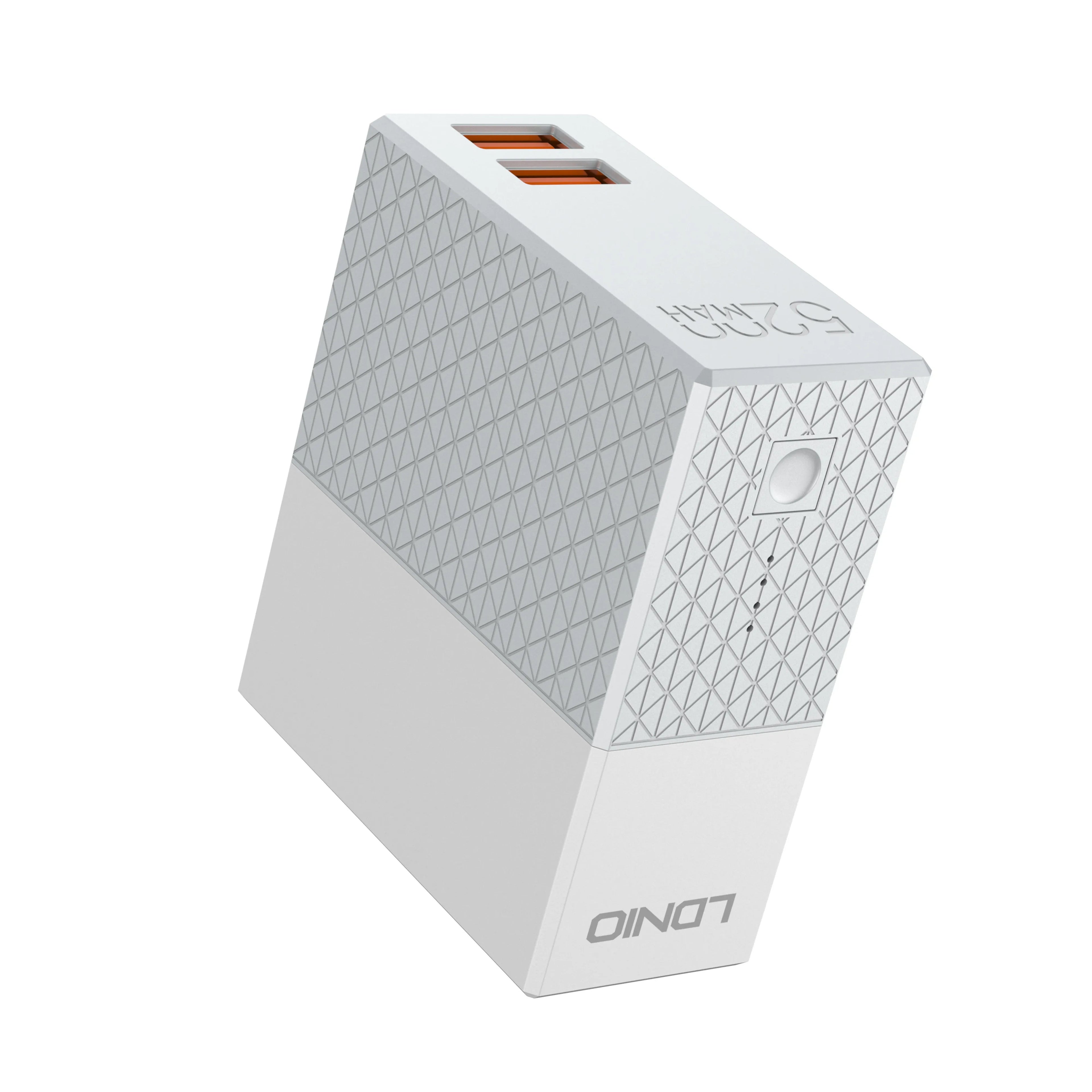 White two-in-one power bank charger with folding plug, showing compact cylindrical design.