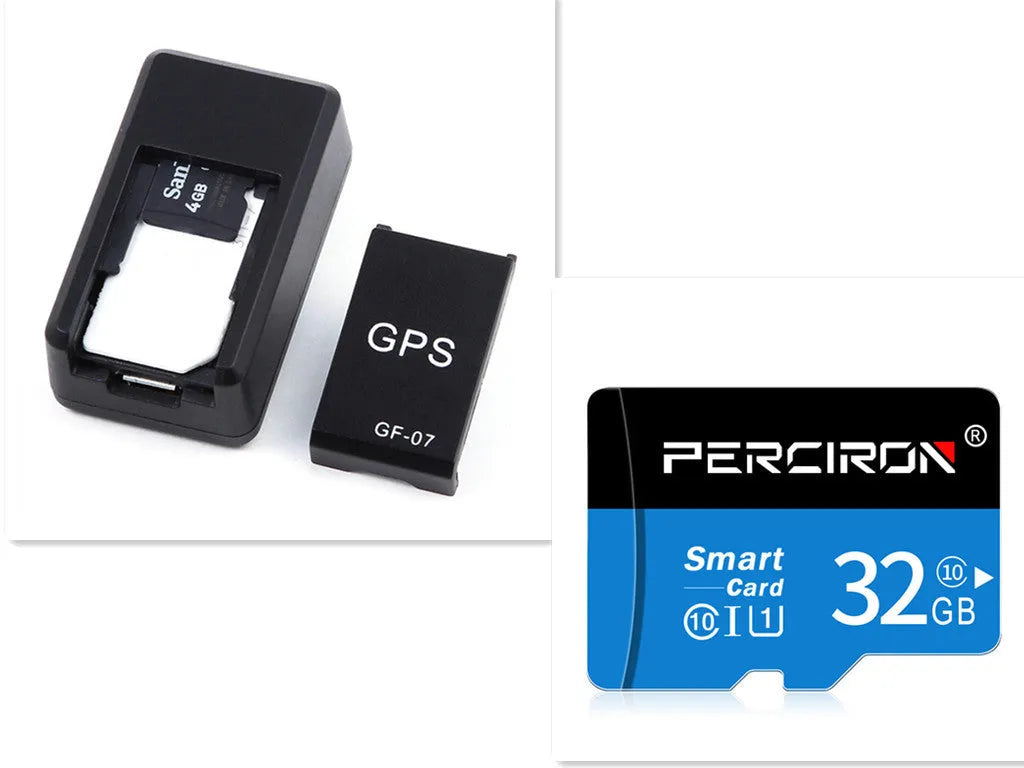 Small black plastic magnetic GPS tracker device next to a USB charging cable.