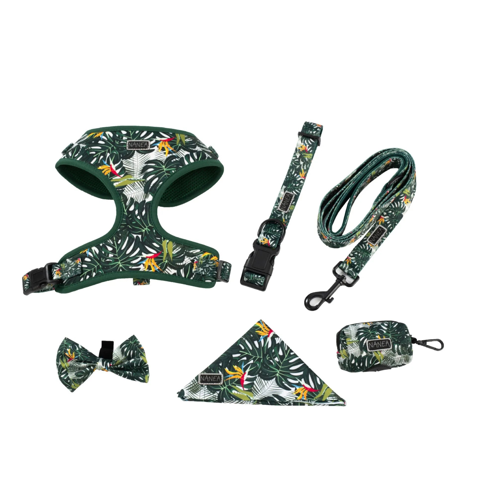 Adjustable cloth dog harness set with haulage rope, collar, waste bag, bow tie, and triangular scarf accessories