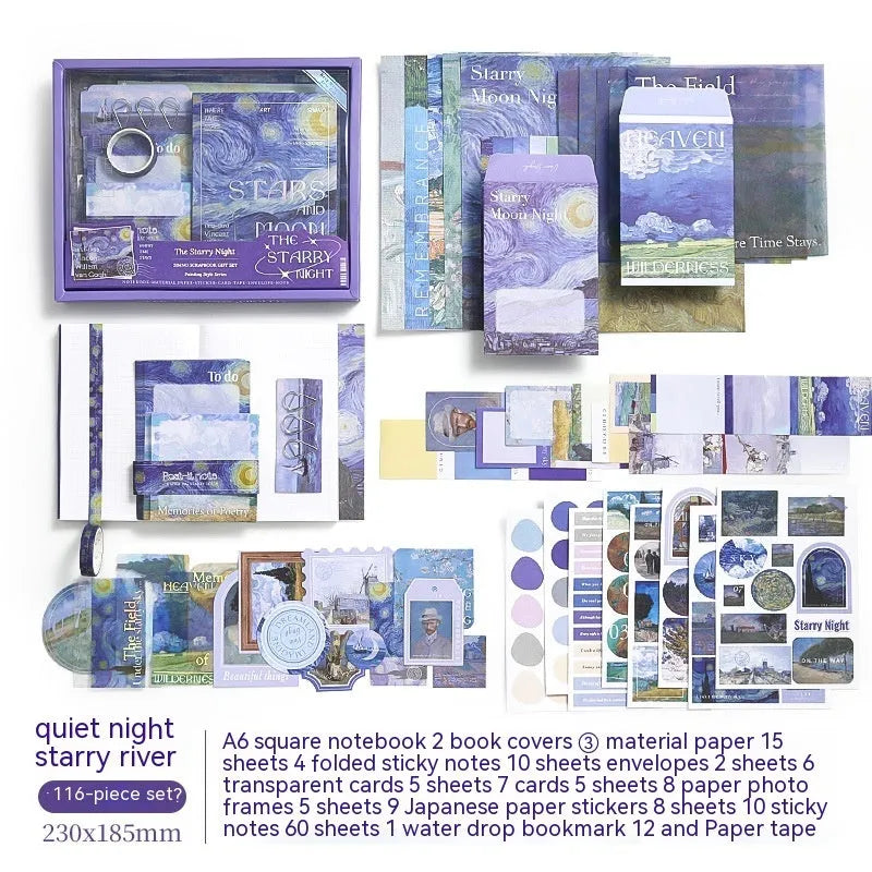Hand Account Suit Creative Journal Gift Box open to show A6 plaid notebook, decorative papers, cards, and stickers.