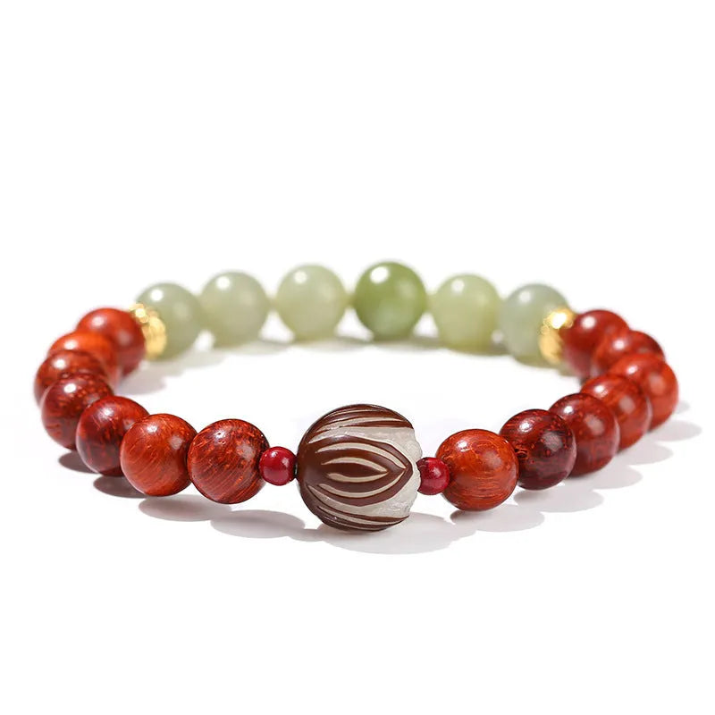 Red rosewood and gray jade Bodhi Lotus bracelet with 8mm beads in geometric design