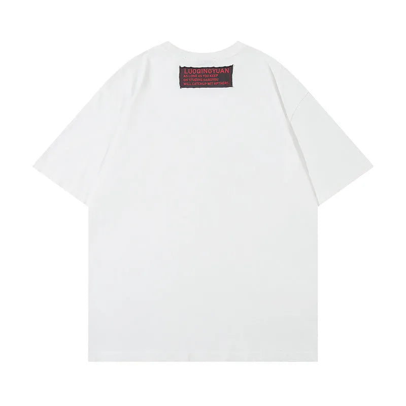Letter affixed cloth embroidered printed short sleeve men's cotton t-shirt in black front view