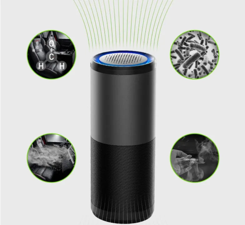 Grey black USB UV sterilising car air purifier with HEPA filter and aluminium alloy body