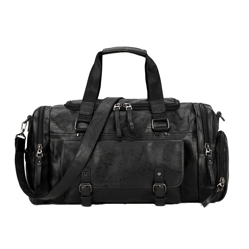 Black PU travel bag with separate shoe compartment, dimensions 52cm x 19cm x 27cm