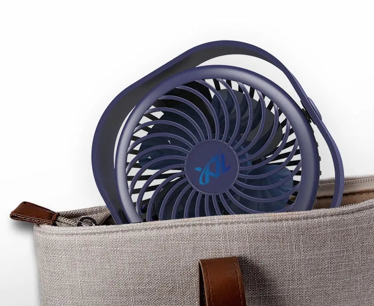 Compact USB desk fan in blue with 360-degree rotation head and rotary switch.