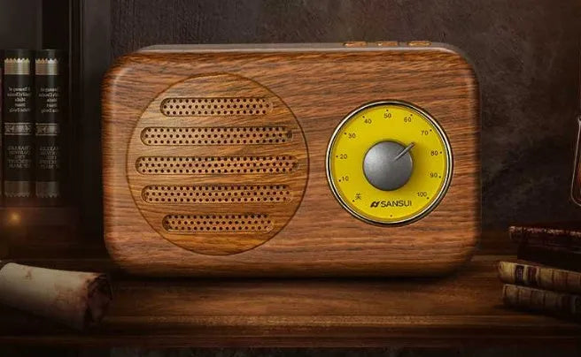 Portable Bluetooth speaker with FM radio in vintage green, pink or wood colour finish