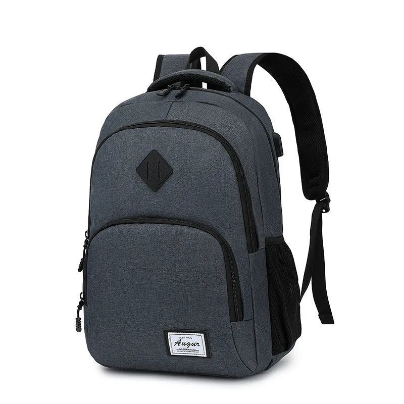 Grey lightweight travel backpack with USB charging port and trolley case sleeve