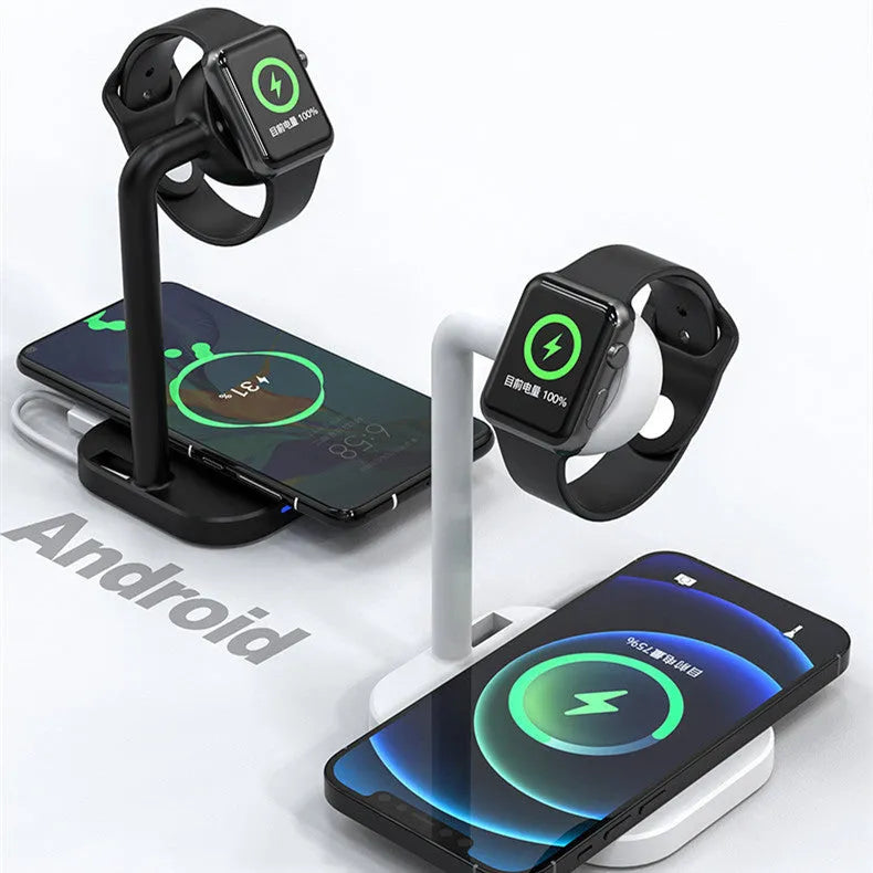 Multi function desktop wireless charging stand in black, holding a smartphone, with LED indicator visible
