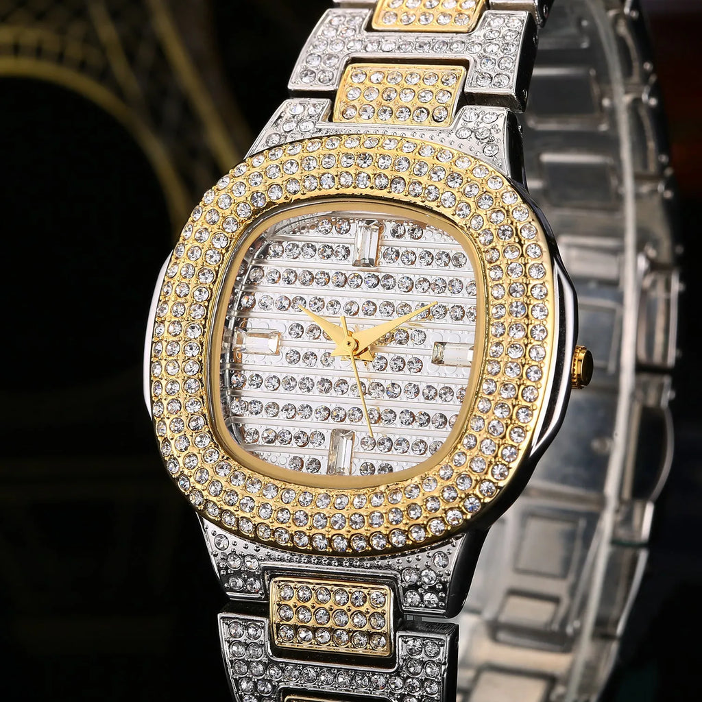 Women's fashion diamond watch with 37mm dial and alloy strap in golden finish