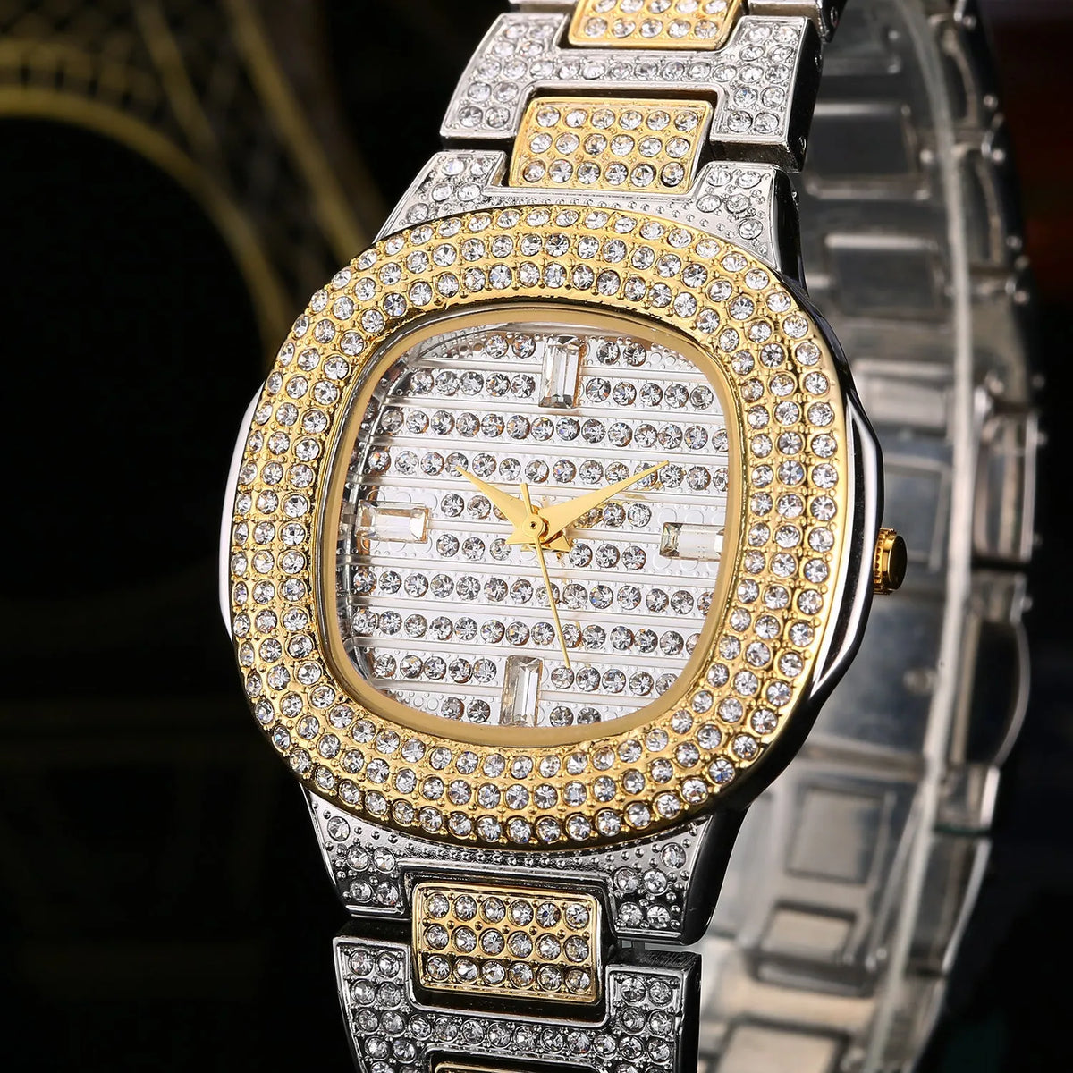 Women's fashion diamond watch with 37mm dial and alloy strap in golden finish