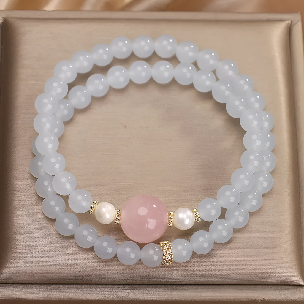 Natural aquamarine double ring bracelet polished finish light luxury minority style women