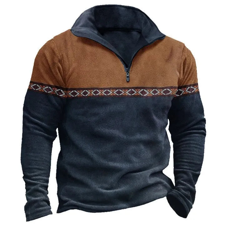 Man wearing a multicolour retro patchwork zip-front polo sweater.