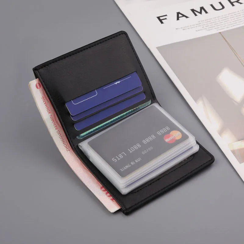 Men's thin PU leather two-fold wallet in black, 19 cm wide, with card slots and car suture stitching
