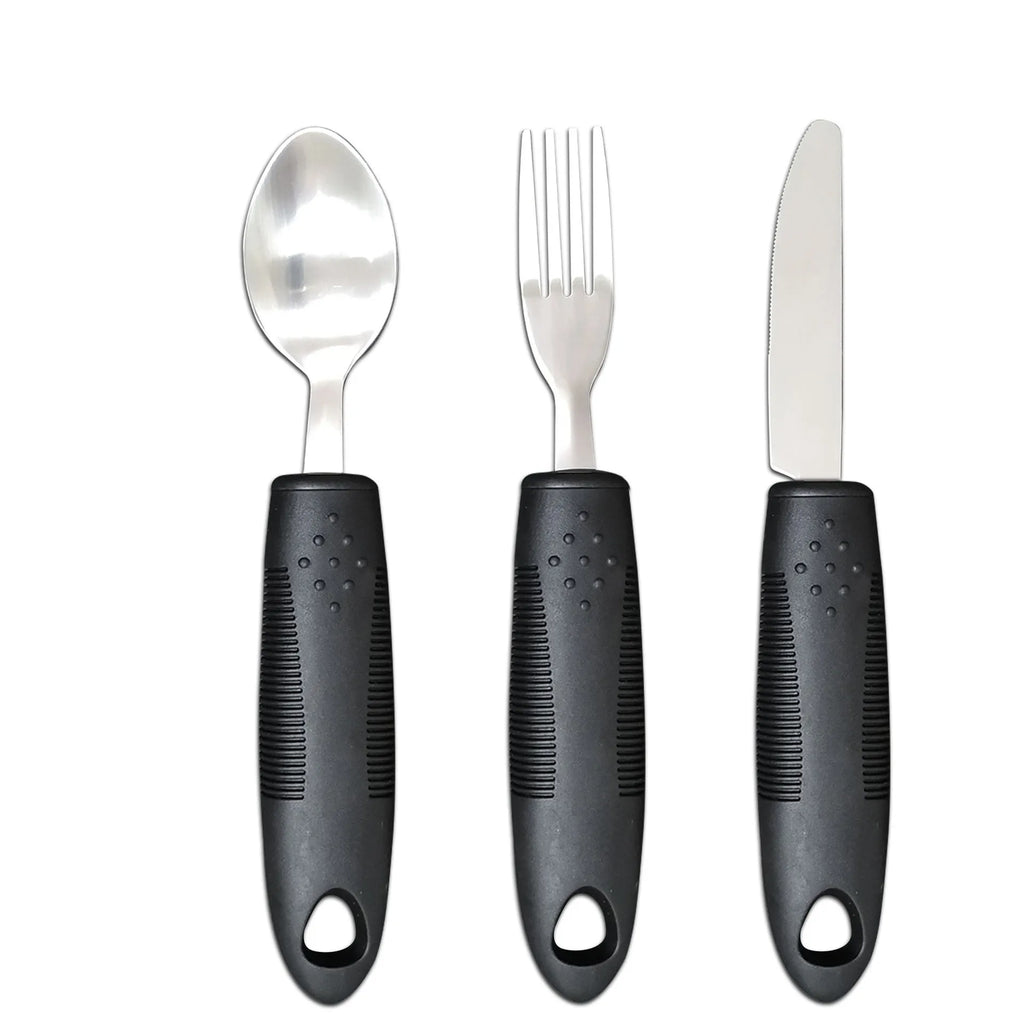 Stainless steel adaptive cutlery set with rubber handles for elderly or disabled users