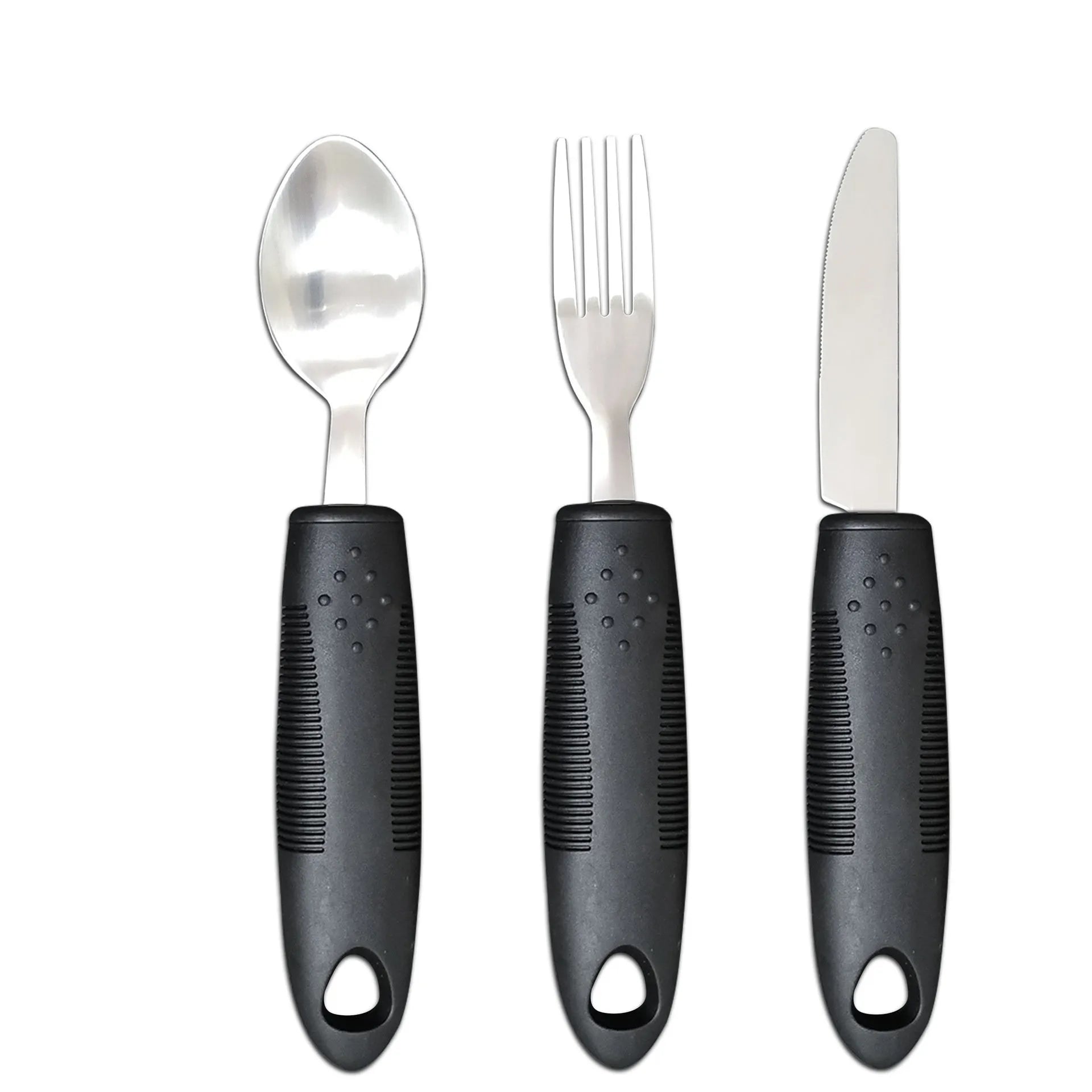 Stainless steel adaptive cutlery set with rubber handles for elderly or disabled users
