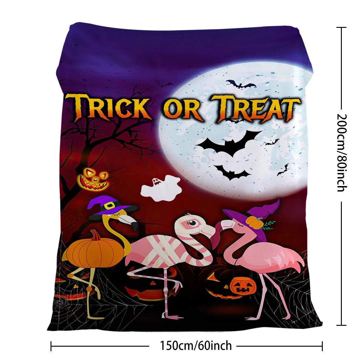 Purple flannel Halloween flamingo printed blanket on a sofa, size 130x150cm