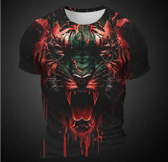 Men's grey short sleeve T-shirt with a detailed 3D tiger face digital print on the front.