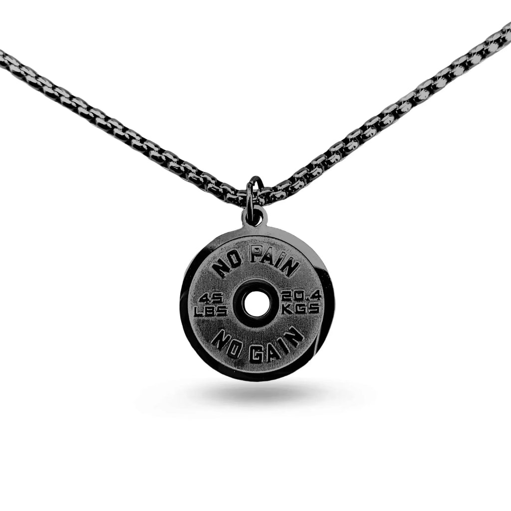 Polished stainless steel barbell disk pendant necklace on a choice of pearl, gold, or black 60cm chain.