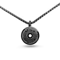 Polished stainless steel barbell disk pendant necklace on a choice of pearl, gold, or black 60cm chain.