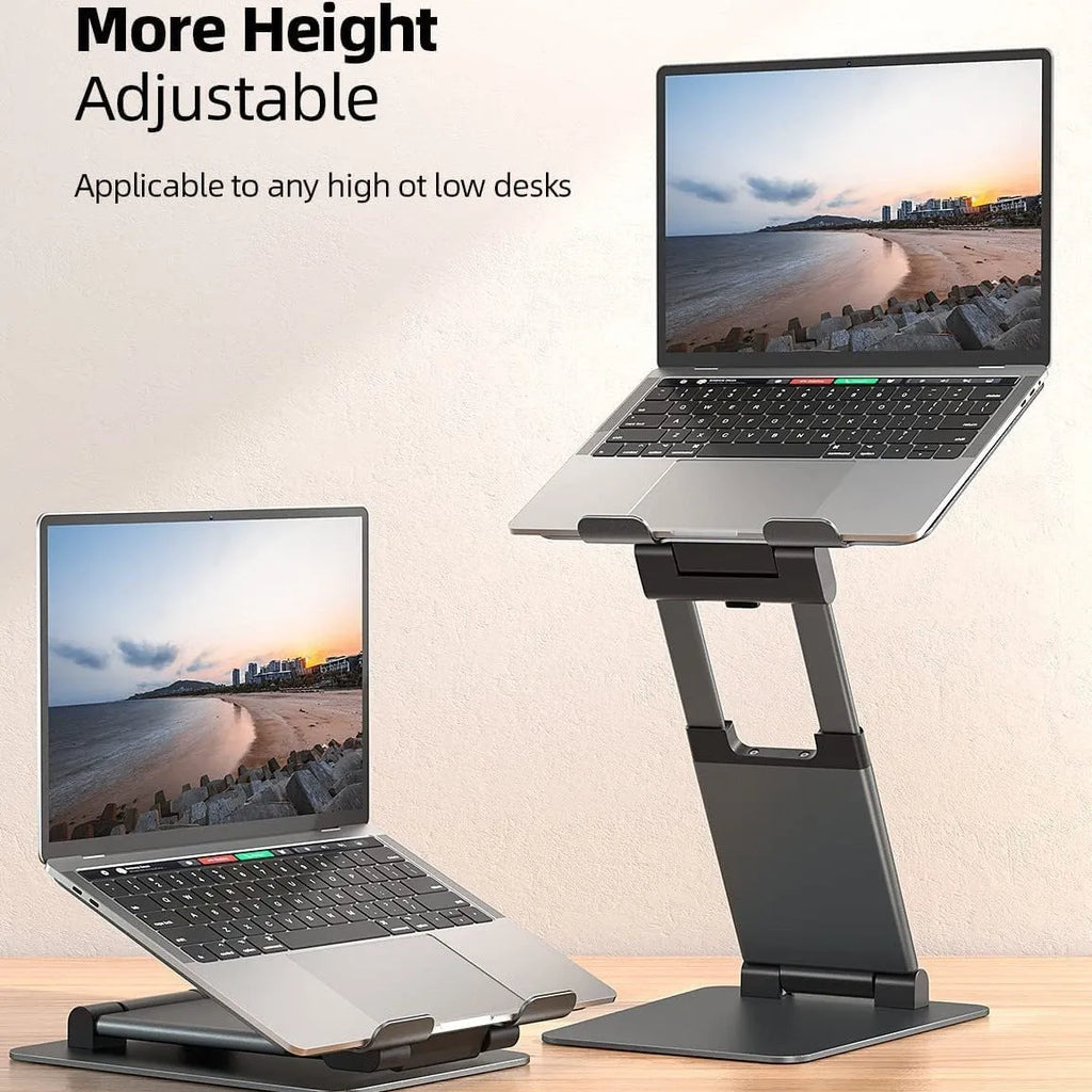 Aluminium alloy laptop bracket on desk with 360-degree rotating base and lifting mechanism