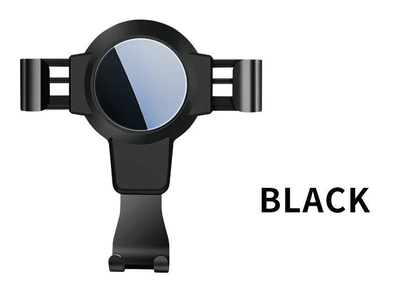 Black S4 gravity mirror ABS phone bracket mounted on a car air conditioning vent, holding a mobile phone.