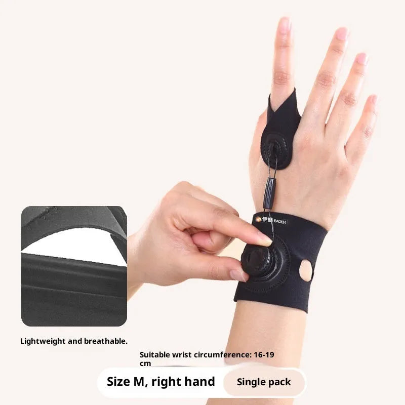 Rotating trigger finger corrector for thumb tendon sheath, five-finger universal, left hand shown, size S or M