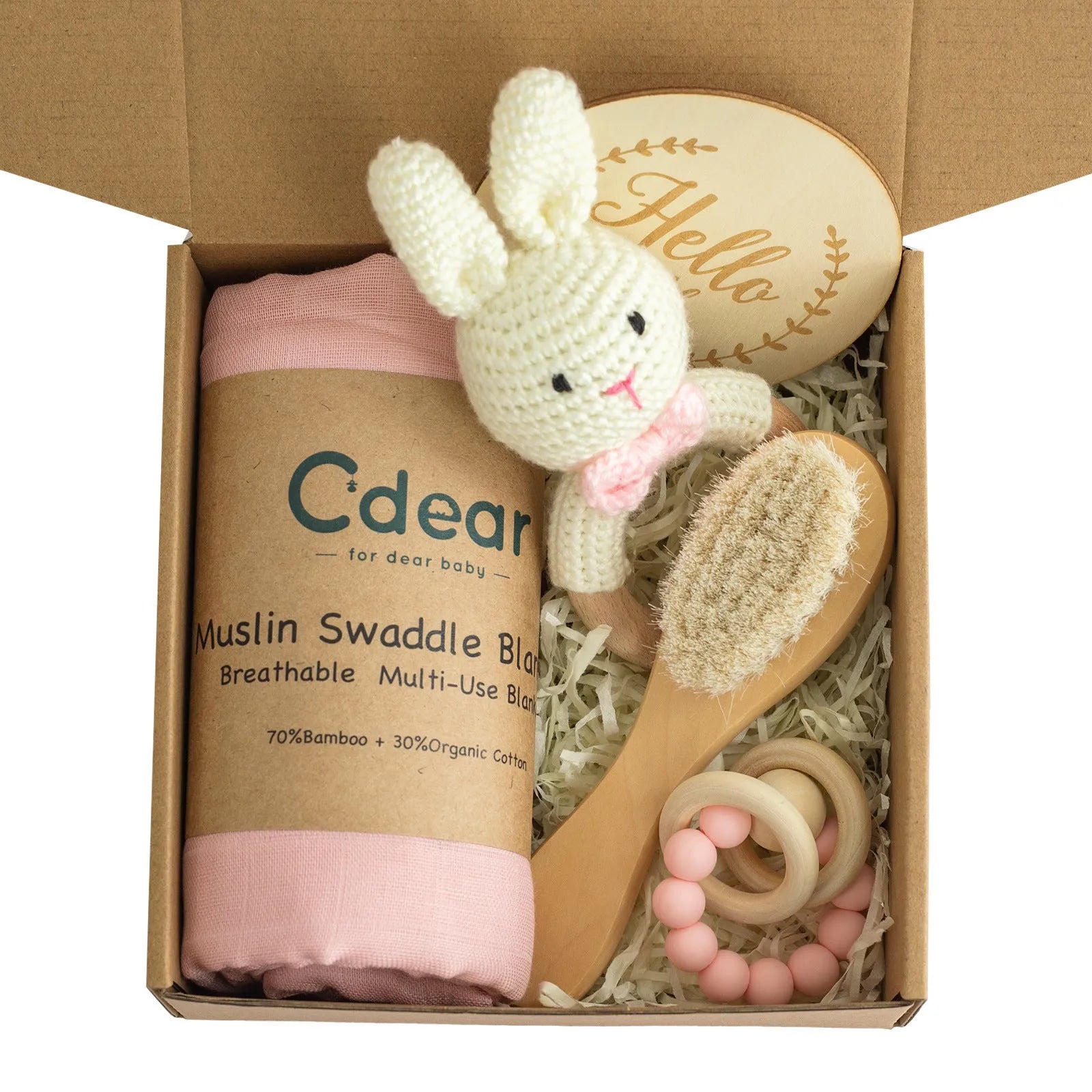 Baby teething toy gift set with bamboo cotton blanket and natural beech wood components