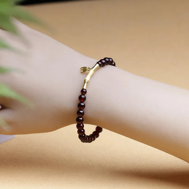 Natural garnet bamboo joint bracelet with 6mm gemstone in copper or silver finish
